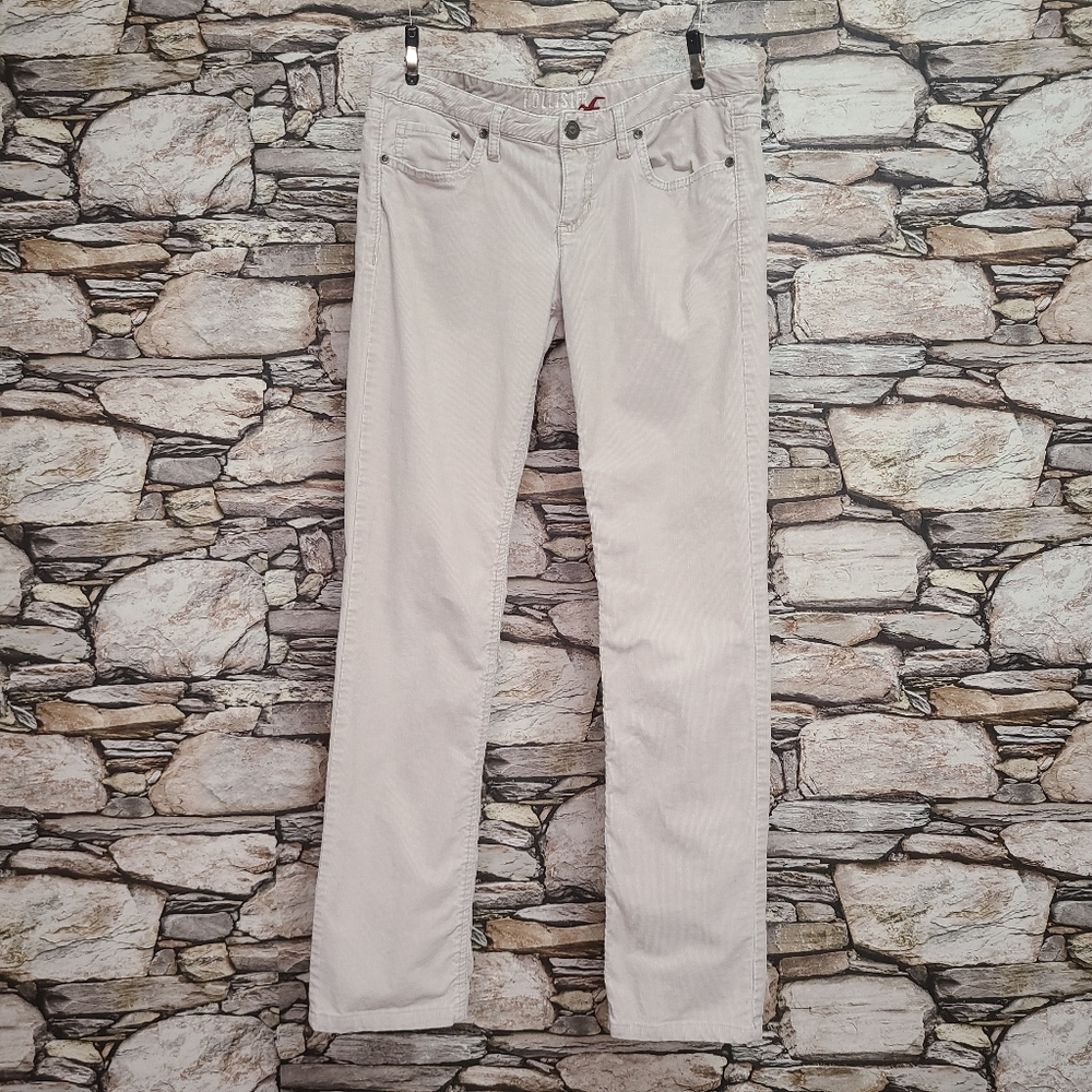 Hollister Womens Khaki Corduroy Jeans Solid Light Beige Embroidered Pockets Logo